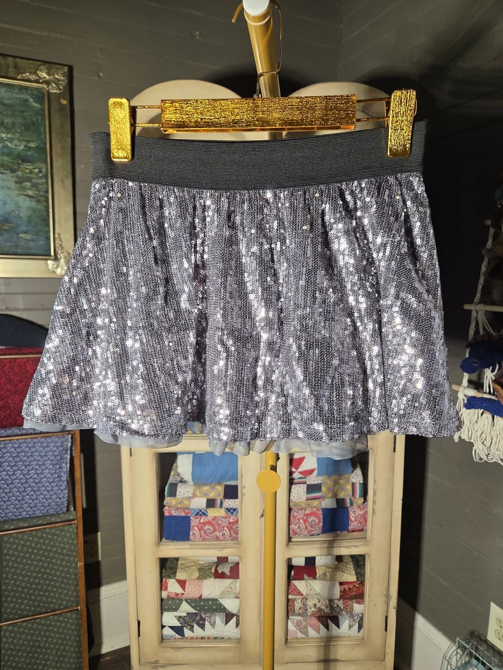 The Children's Place Silver Sequin Flared Skirt with Black Waistband